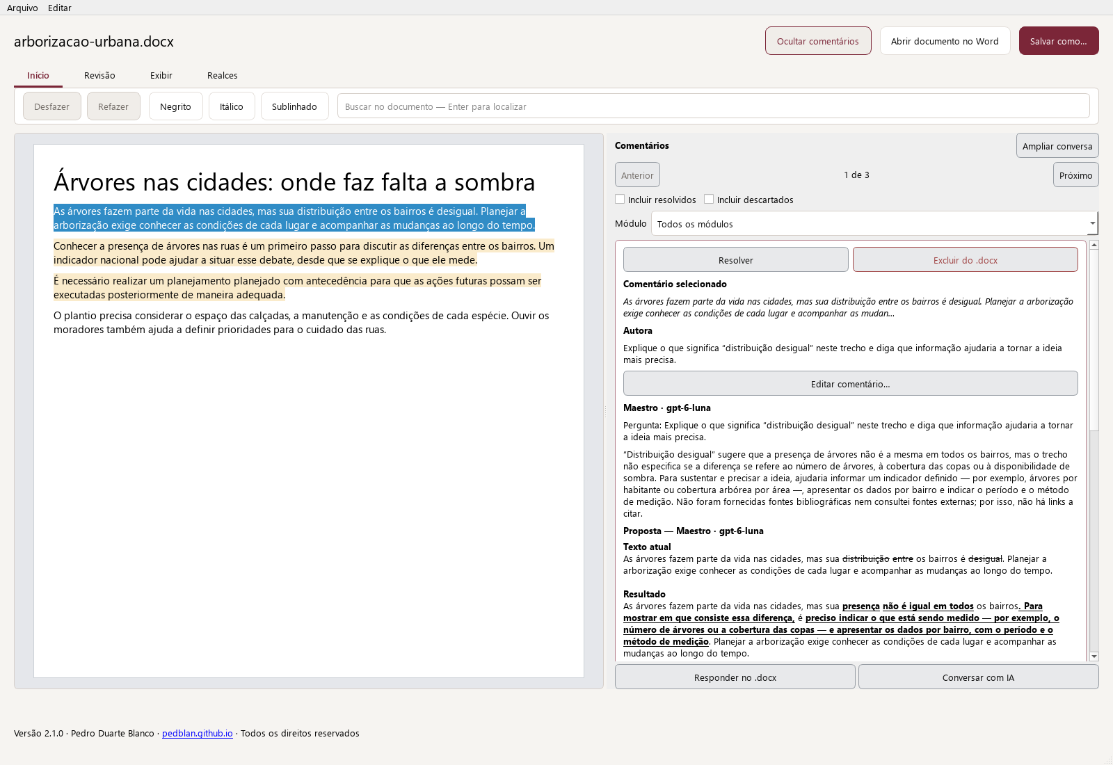 Deixe pedidos no documento ou nos comentários do Word e acompanhe as respostas vinculadas às passagens.